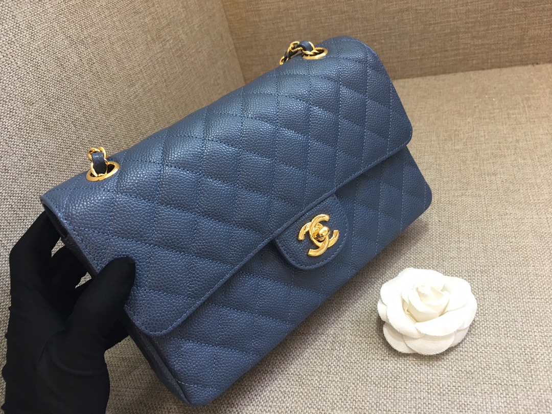 Medium Classic Flap Caviar Bag A01112 Dark Blue/Gold